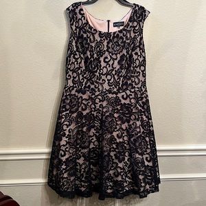 Betsy & Adam Cocktail Dress - Black Lace w/ Nude Underskirt - Size 16W